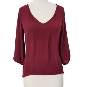 American Dream Tunic Top Shirt XS Sheer Flowy 3/4 Sleeves V Neck Burgundy Blouse